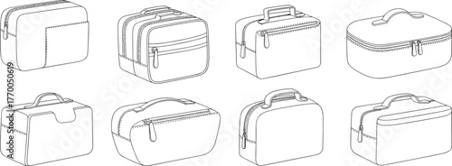 CAD drawing flat vector illustration of travel toiletry bag collection, accessory design template, fashion technical sketch, cosmetic pouch, luggage mockup