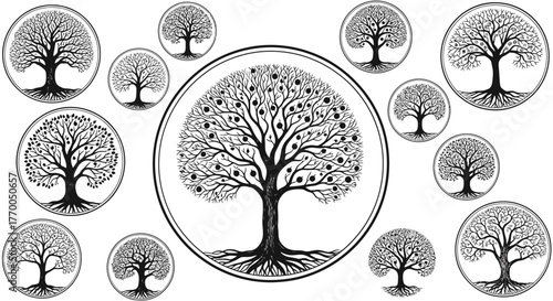Collection of stylized trees of life in circular frames.