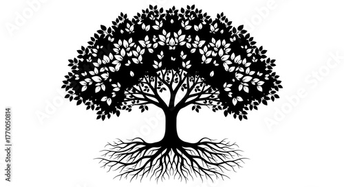Detailed Black Silhouette of a Spreading Tree with Exposed Roots and Lush Leaves