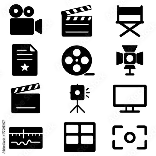 Cinema Essentials: A collection of iconic icons related to cinema. Representing movie making processes and equipment, including film, clapperboard, spotlight.