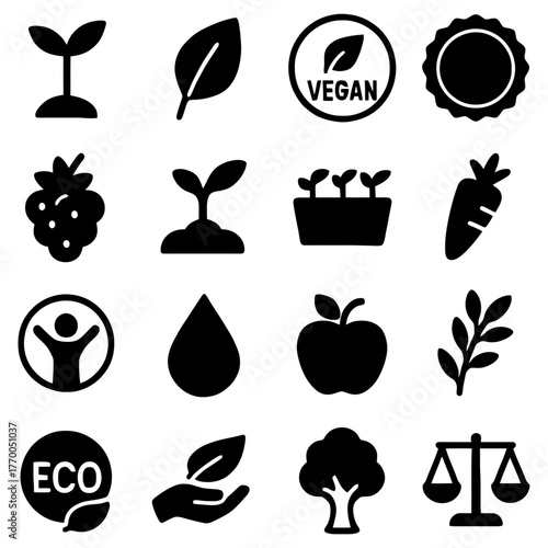 Vegan and Eco-Friendly Elements: A collection of symbolic icons, including leaves, plants, fruits, and the vegan emblem.