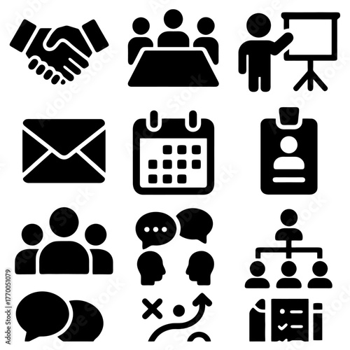 Essential Business Icons: An array of simple, yet potent, black and white icons representing essential business concepts, perfectly illustrating meetings, communication, and planning. 