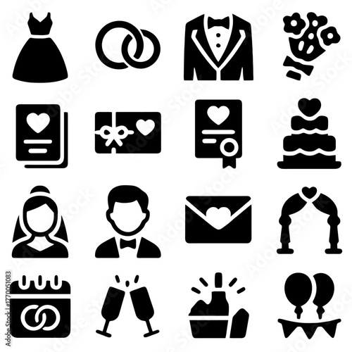 Wedding Icon Set: A comprehensive collection of iconic symbols representing the joyous journey of love, commitment, and union, perfect for capturing the essence of matrimonial celebrations.