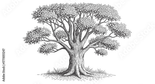 Detailed Ink Drawing of a Mature Deciduous Tree with Lush Foliage.