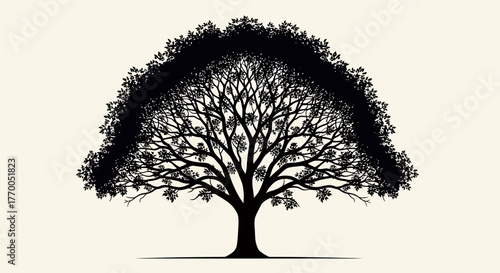 Elegant Black Silhouette of a Spreading Tree with Intricate Branches Against a Light Background