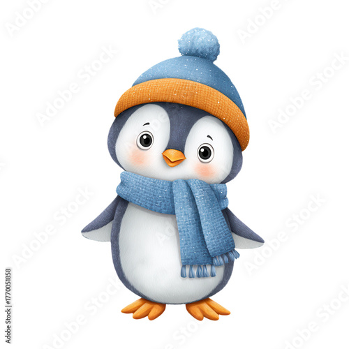 A cute penguin wearing a blue hat and scarf, with big eyes and a cheerful expression.