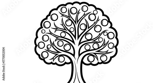Elegant minimalist black and white graphic icon of a bountiful fruit tree, symbolizing nature