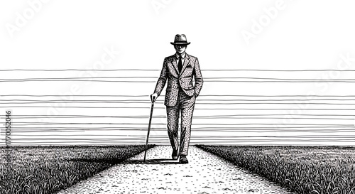 Elegant Man in a Fedora and Suit with a Cane Strolls on a Dirt Path in a Minimalistic Landscape