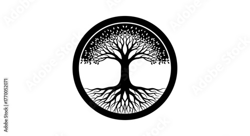 Elegant tree of life emblem within a circular frame, nature symbol.