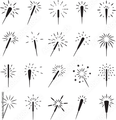 Sparkler Silhouette Vector Bundle | New Year Celebration Icons | Fire, Glow Vector