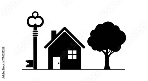 Home key and tree silhouette representing property ownership and nature.