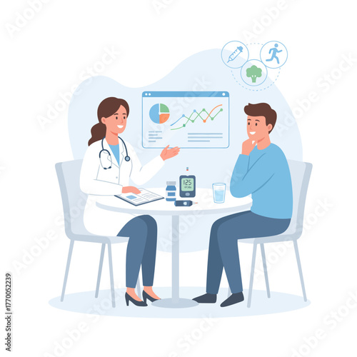 Flat vector illustration of doctor consulting patient about diabetes management and healthcare guidance