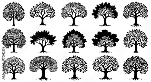 Intricate Black Tree Silhouettes Vector Set Featuring Various Forest and Nature Designs
