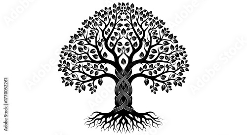 Intricate Celtic Tree of Life Illustration: Black and White Symbolizing Growth, Roots,