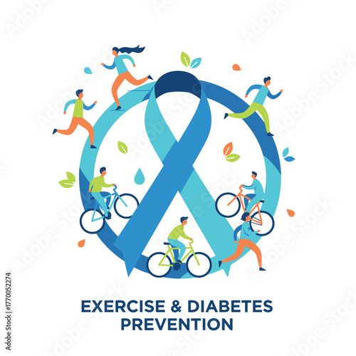 Flat vector illustration of people jogging and cycling around blue ribbon symbolizing exercise and diabetes prevention