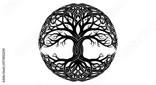 Intricate Celtic Tree of Life Symbol, Ancient Yggdrasil Knot Design on White Background