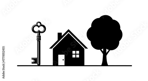 Key, House, Tree Black Silhouette: Home Ownership, Real Estate Investment, Property Security Concept