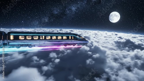 Dynamic Futuristic Trains Ethereal Night Flight Above Clouds, Illuminated by Moonlight and Speed Streaks.