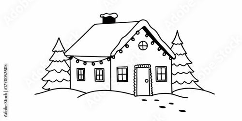 Illustration of a winter house with snow on the roof and christmas trees on either side of the house