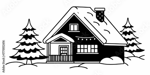Winter scene with a cozy cabin covered in snow nestled between two evergreen trees in black and white