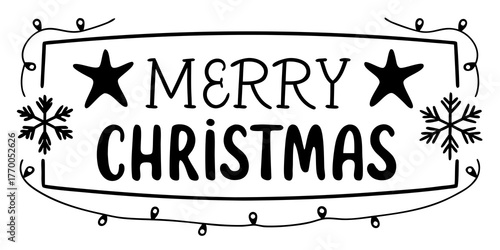 Black and white merry christmas design with stars snowflakes and string lights in a rectangular frame design