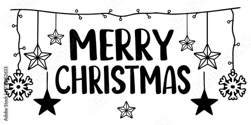 Merry christmas text with hanging stars and snowflakes on a string of lights decoration vector art