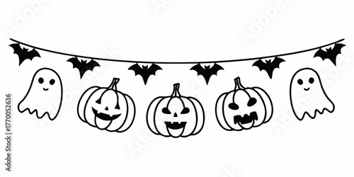 Halloween banner with bats ghosts and pumpkins hanging on a string in black and white line art style
