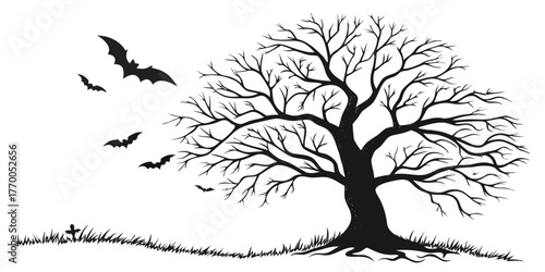 Silhouette of a spooky tree with bare branches, bats flying, and a small grave on a white background