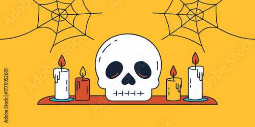 Illustration of a skull with candles and spiderwebs on a shelf against a yellow background scene