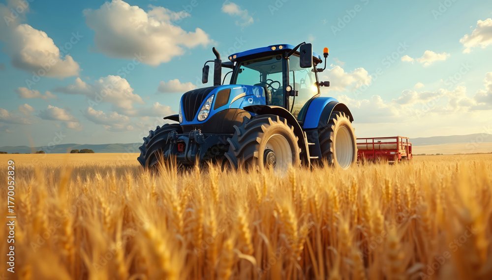 Obraz premium A blue tractor operates in a vast wheat field under a bright sky. The agricultural machine works to cultivate the crop. Modern farming shows the progress in field work.