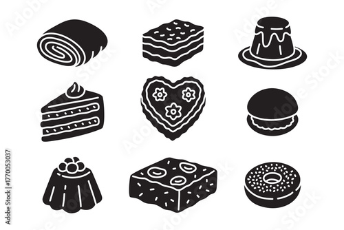 swiss rolled, layered cakes, pudding, sliced, hearth cakes, macaron, plum cookies, donut solid silhouette vector illustration element design collection for dessert, pastry, bakery, sweet food, cafes