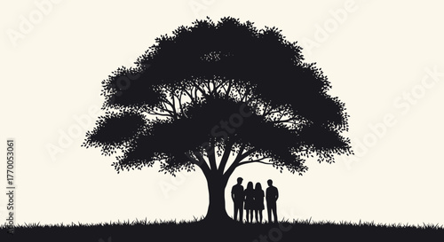Silhouette of a family of four standing together under a large tree.