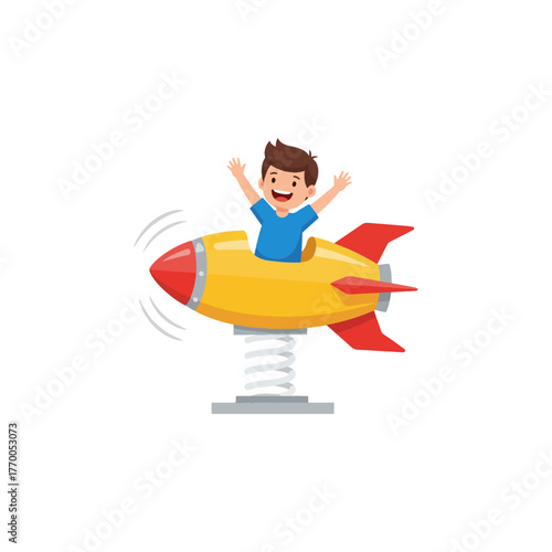 Joyful young boy happily riding a bouncing yellow rocket ship spring toy in an outdoor playground setting
