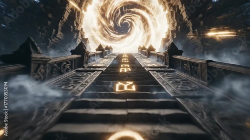 An Epic Ascent on a Mystical Stairway with Glowing Runes Leading to a Swirling Celestial Portal.