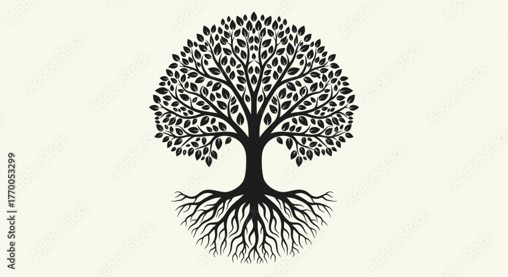 Naklejka premium Stylized Black Silhouette of a Tree of Life with Detailed Roots and Lush Foliage on a Light