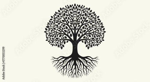 Stylized Black Silhouette of a Tree of Life with Detailed Roots and Lush Foliage on a Light