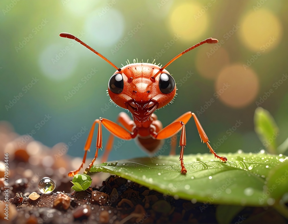 Fototapeta premium Adorable close-up of a cartoon-like red ant on a leaf, looking forward