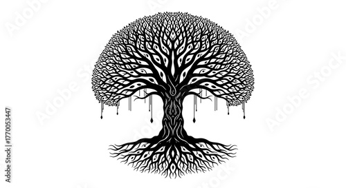 Stylized Monochrome Tree of Life with Symbolic Eyes, Representing Vision, Inner Wisdom, and Deep