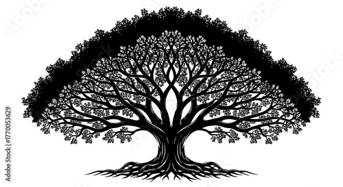Stylized Silhouette of a Majestic Oak Tree with Intricate Branches and Roots.