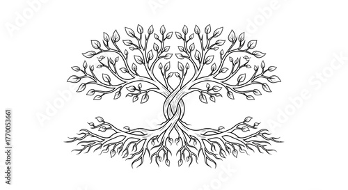 Stylized Tree of Life Illustration with Intertwined Branches and Roots, Symbolizing Growth