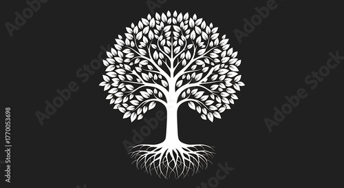 Stylized Tree of Life Illustration with Strong Roots and Lush Canopy on a Dark Background