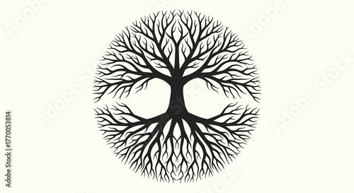 Stylized Tree of Life Silhouette with Intertwined Branches and Roots Forming a Perfect Circle Design