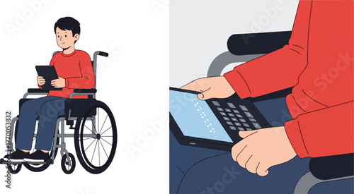 Person in wheelchair using tablet computer, inclusive technology for accessibility and independence