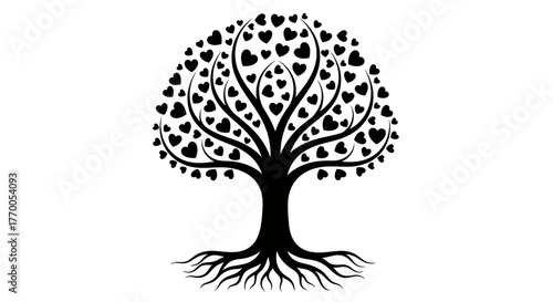 Symbolic Tree with Heart-Shaped Leaves and Roots Illustrating Love, Family, and Growth