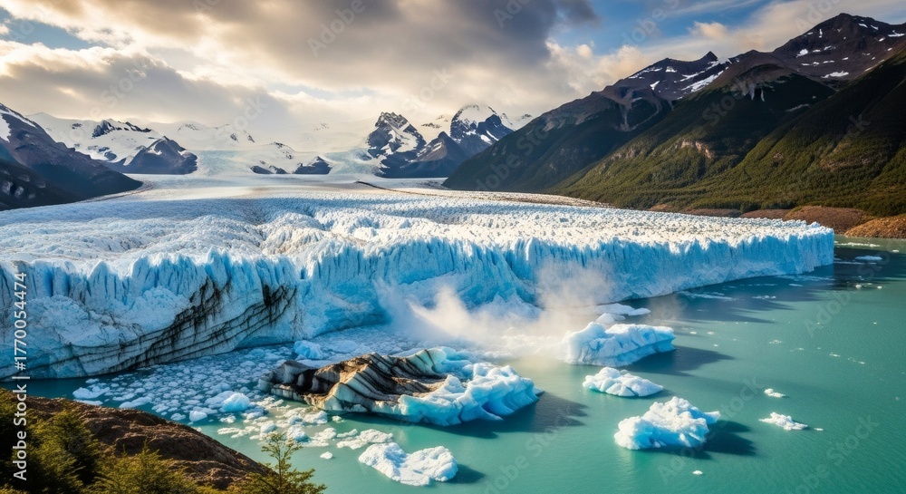 Naklejka premium Powerful glacier calving into a vivid turquoise lake, framed by majestic snow-capped mountains under a dramatic sky, highlighting the raw beauty and dynamic forces of natural ice formations