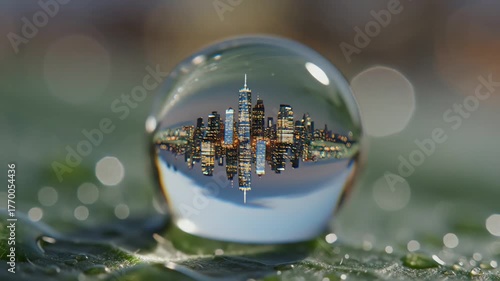 Cityscape Reflected in a Water Droplet - Macro Photography.