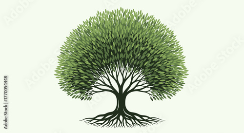Vibrant Green Tree with Deep Roots and Lush Foliage, Vector Illustration on White Background