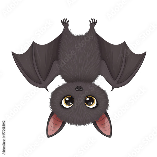 Adorable cartoon bat hangs upside down with big eyes on transparent background