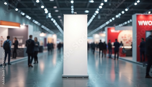 Blank vertical banner on exhibition floor with blurred people walking. Event display stand ready for custom branding and promotion. Trade show booth setup.