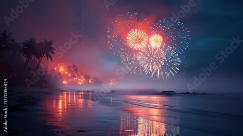 Tropical Beach Fireworks Display at Night with Palm Trees and Ocean Reflection